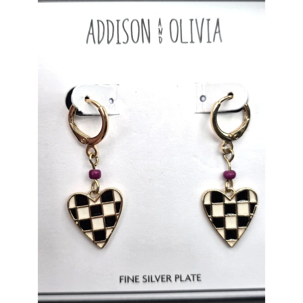Addison and Olivia Checkered Black White Heart Huggie Earrings Gold Tone NEW